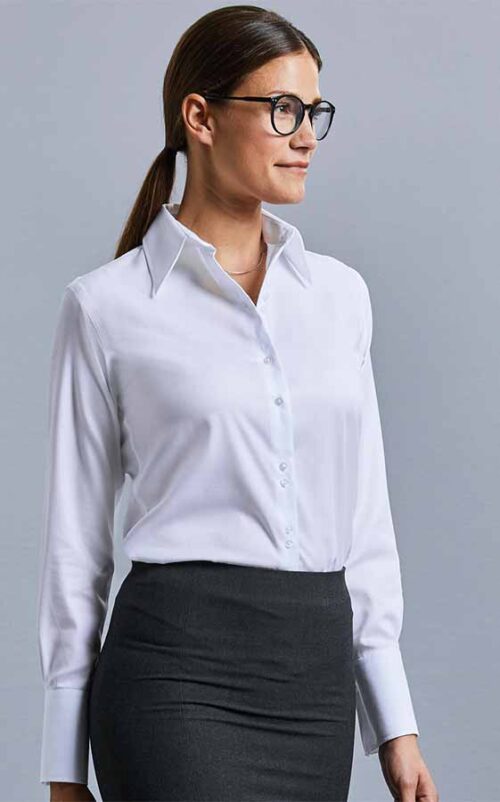 Γυναικειο βαμβακερο πουκαμισο Russell Ladies Ultimate NonIron Shirt LS γραφειου μακρυμανικο R956F0 white